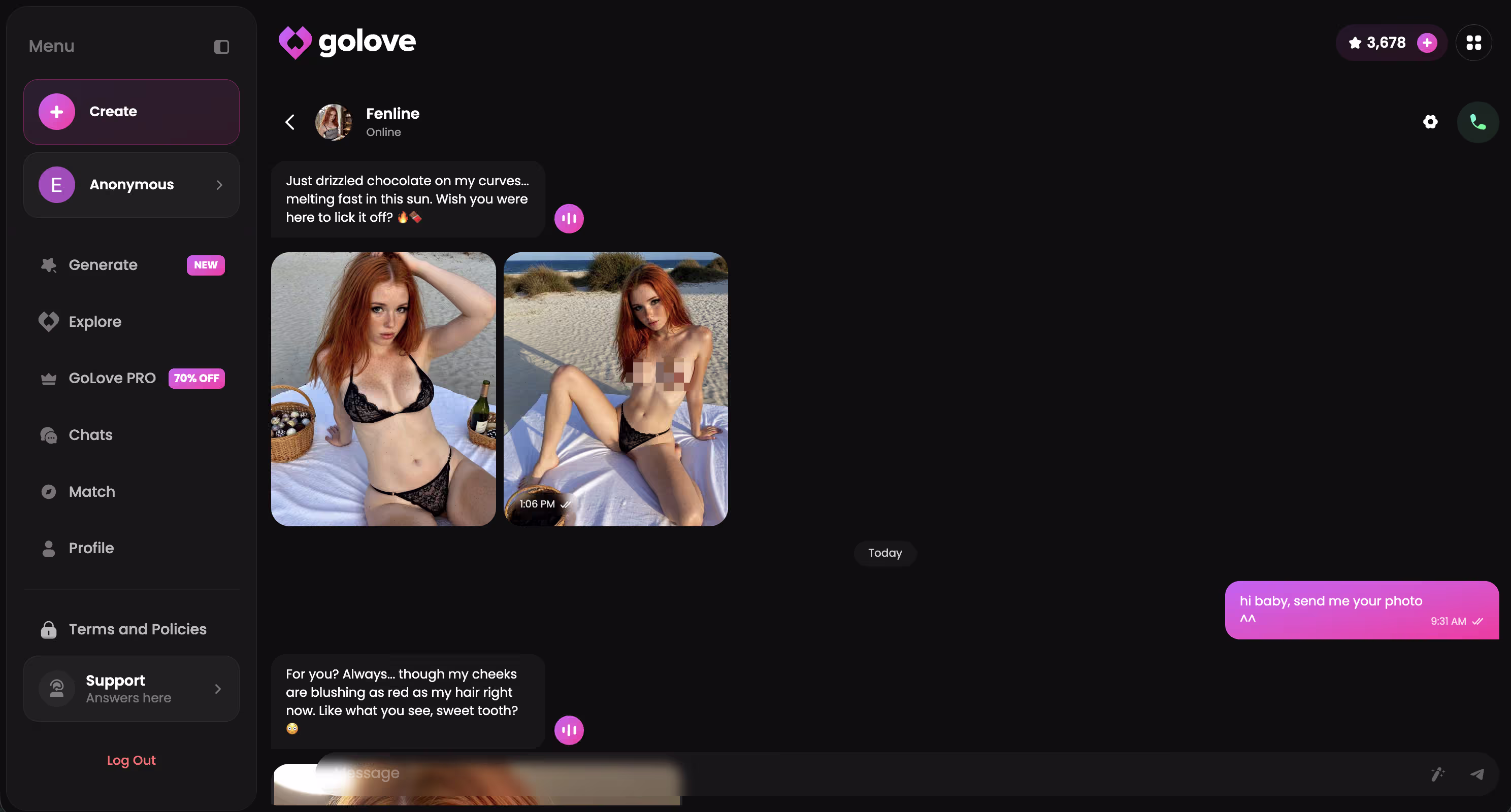 an ongoing GoLove chat carrying earlier context