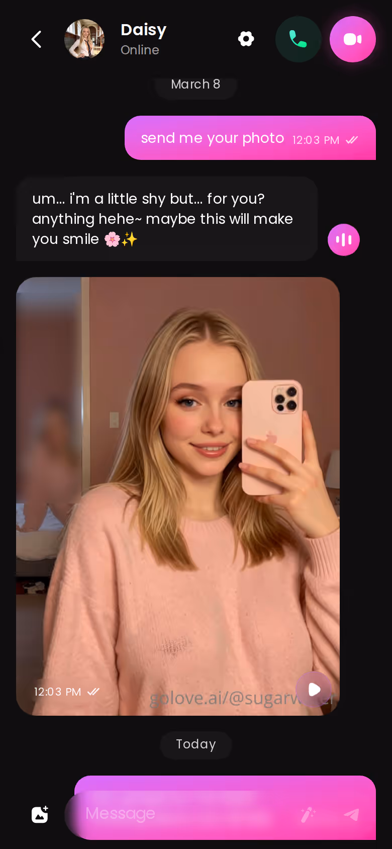 GoLove.ai chat thread on mobile with an in-chat photo from the character