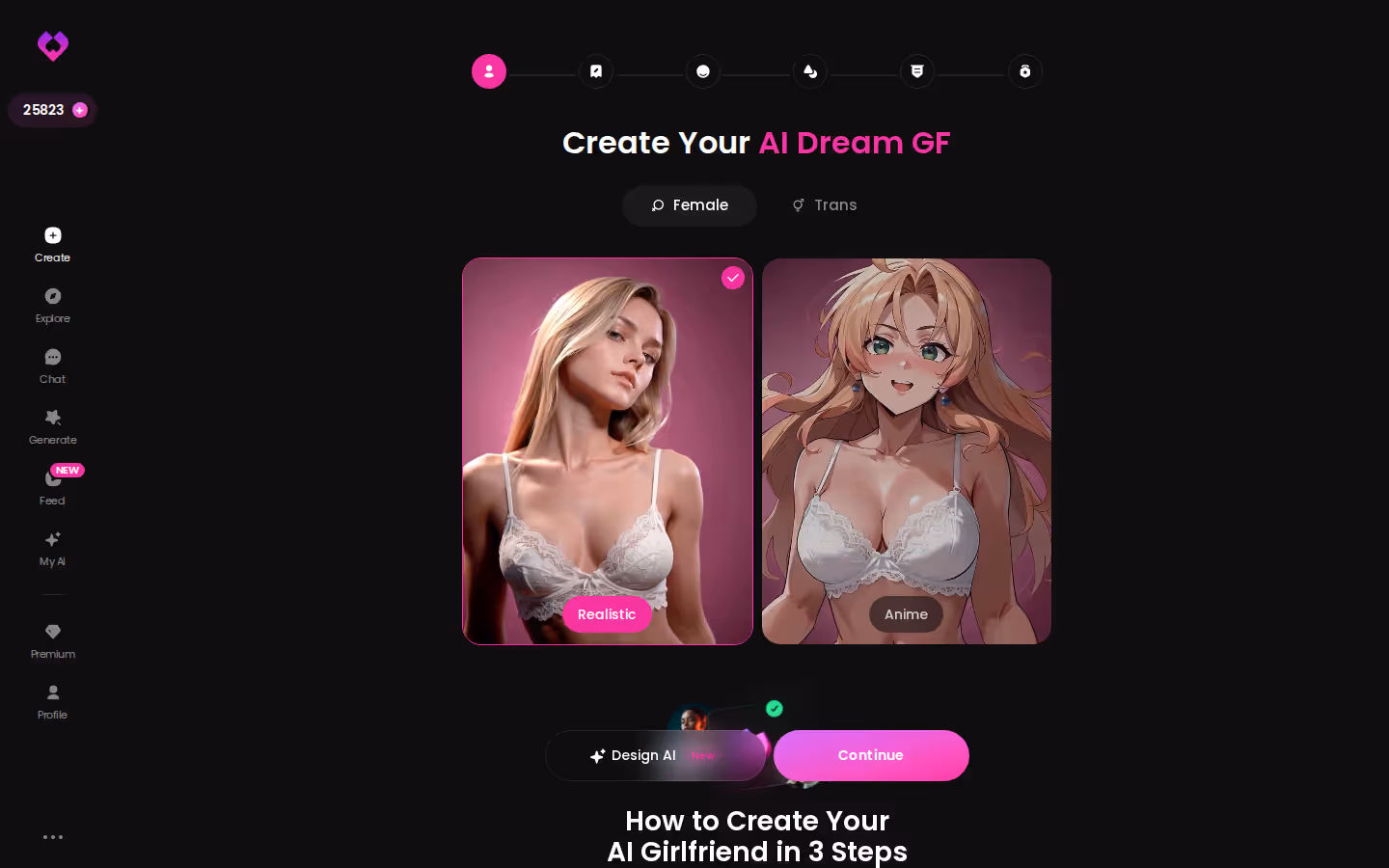 GoLove Create wizard start screen showing the Realistic, Anime and Trans categories plus Design with AI