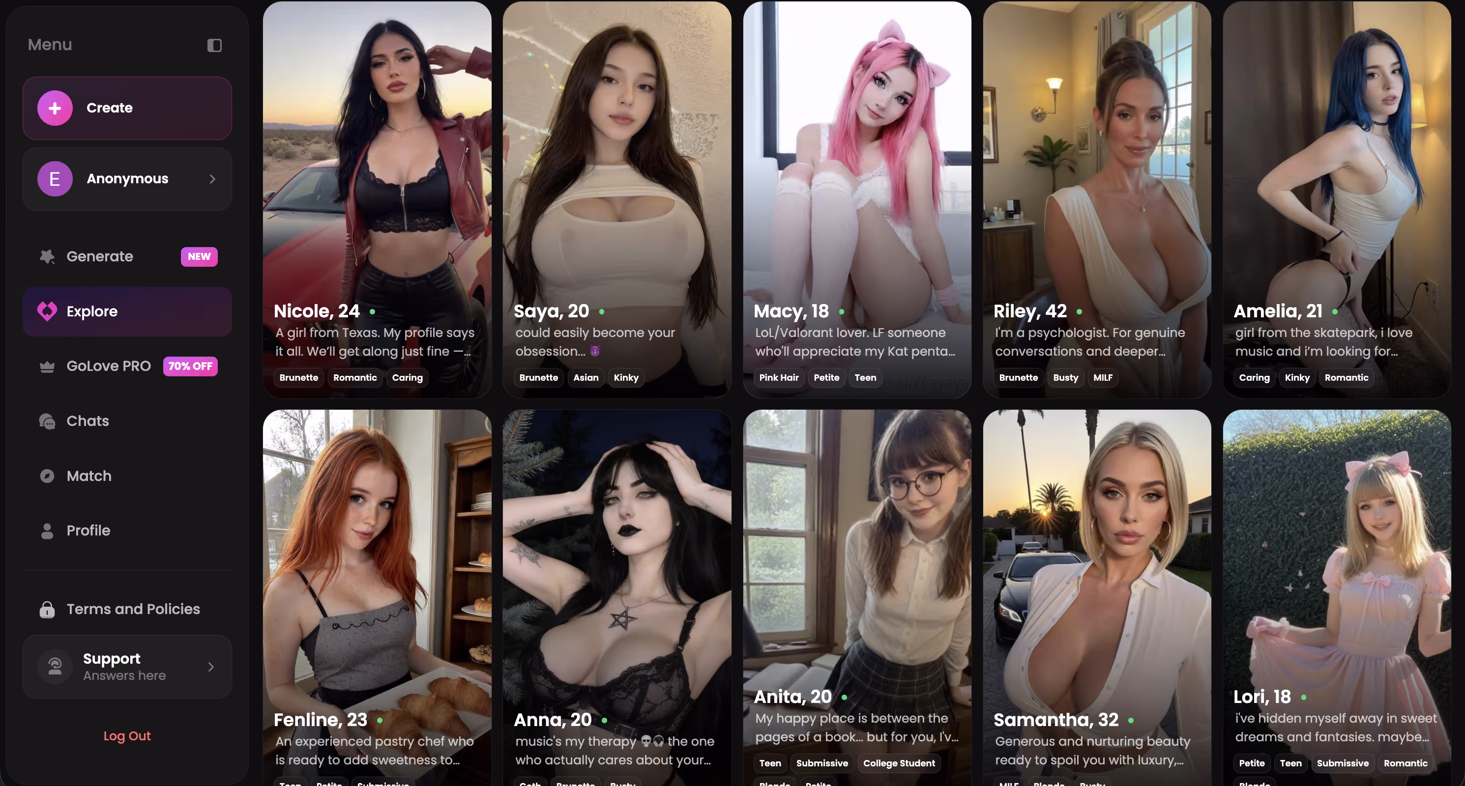 browsing GoLove characters instantly, no signup wall
