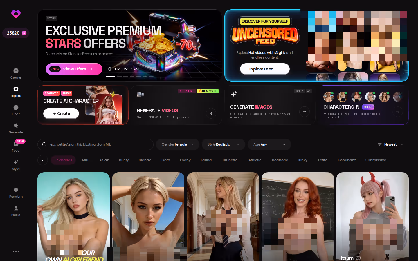 GoLove.ai Explore top — promo banners, tag filters and the character grid — femdom ai