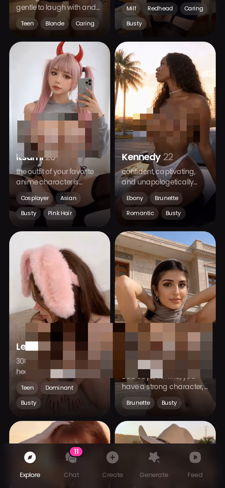 GoLove.ai Explore roster on mobile — dozens of characters ready to chat before you build your own