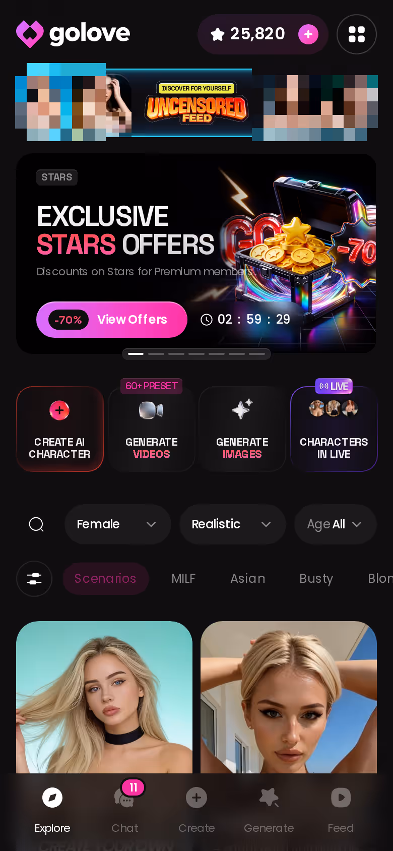 GoLove.ai Explore grid of realistic AI girlfriends on mobile