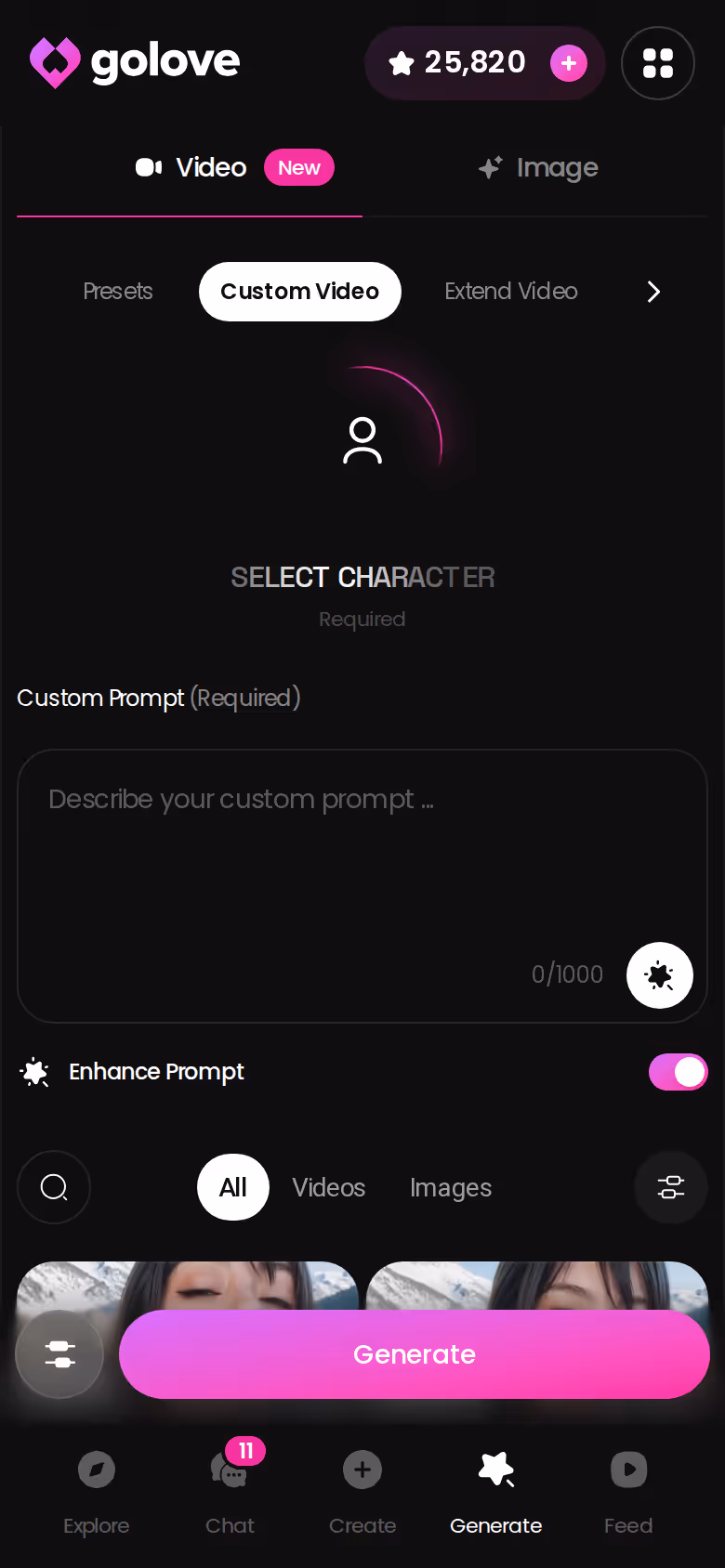 GoLove.ai mobile Generate screen building a custom video from action, clothes and background preset cards