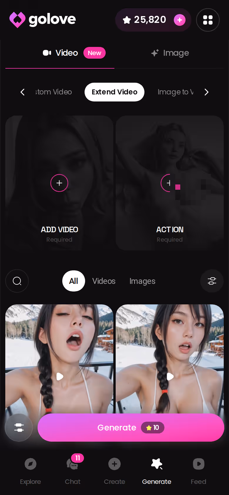 Extend Video option on GoLove.ai mobile, continuing a generated clip past its original ending
