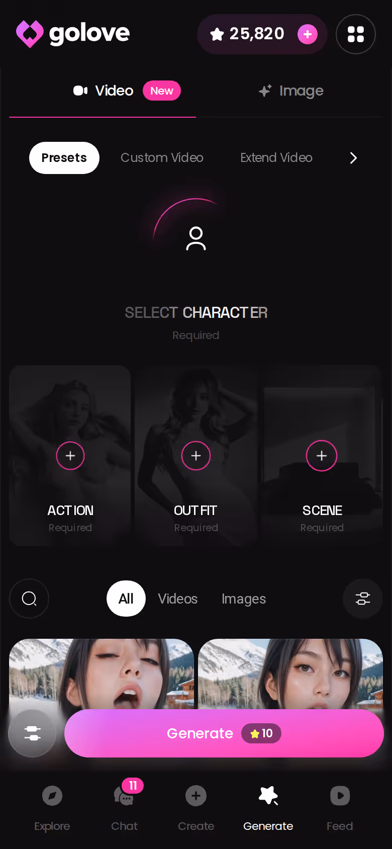 GoLove.ai mobile generator hub with Image and Video modes for a custom character