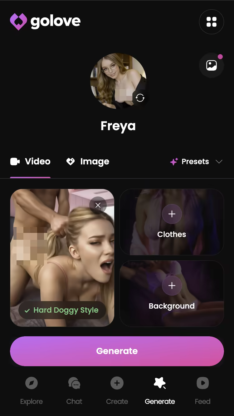Explicit action preset selected in the GoLove.ai video generator — stansa ai