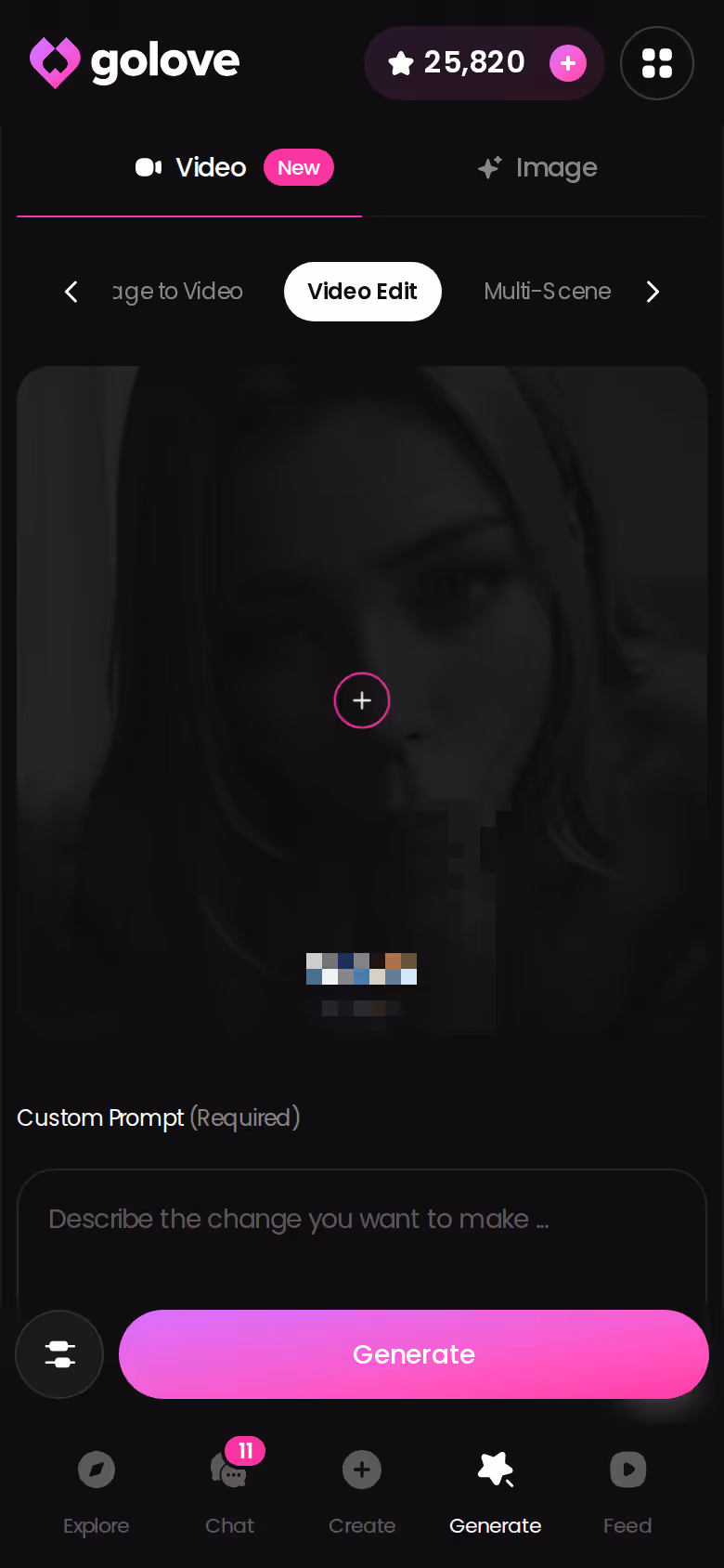 GoLove.ai Video Edit screen on mobile for reworking an existing clip
